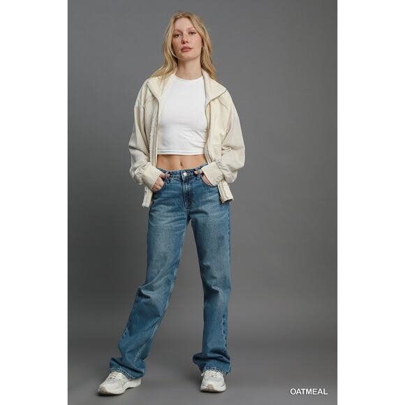 Umgee Two-Way Zip-Up Long Sleeves Front Pockets Loose Jacquard Jacket | Oatmeal - Picture 6 of 6